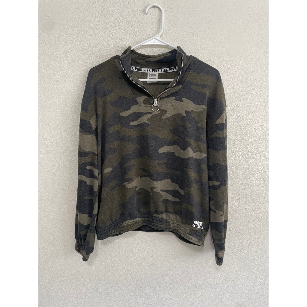 PINK Victoria's‎ Secret Women XS Quarter Zip Pullover Green Camo Excellent Logo